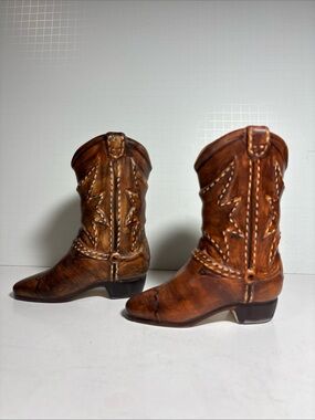Pair of NAPCO Ceramic Cowboy Boot Vases Dark Brown, VTG 6.75" Country Western